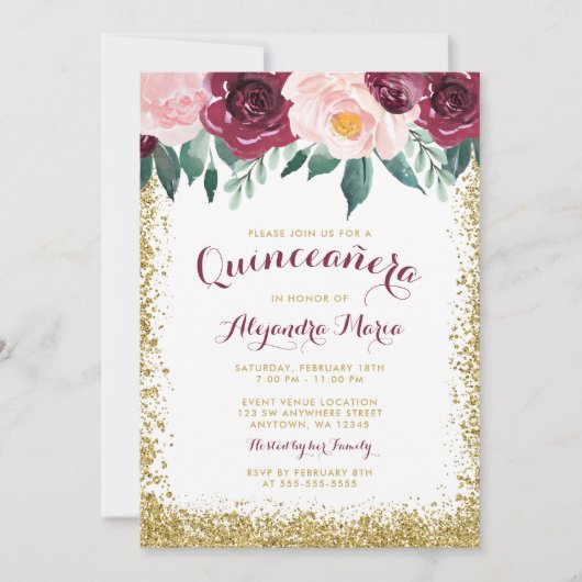 Burgundy Gold Floral Quinceanera Kaart (Voorkant)