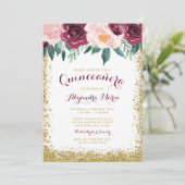 Burgundy Gold Floral Quinceanera Kaart (Staand voorkant)