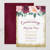 Burgundy Gold Floral Quinceanera Kaart (Voorkant / Achterkant)