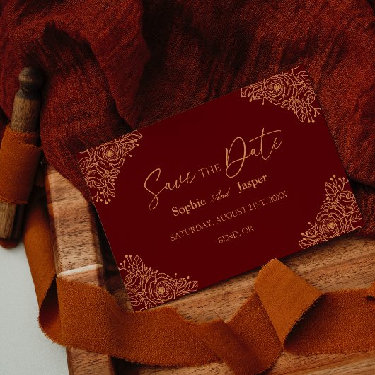 Burgundy Gold Floral Save the Date Kaart