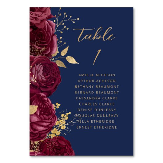 Burgundy Gold Floral Script Navy Blue Wedding Kaart (Voorkant)