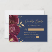 Burgundy Gold Floral Script Navy Blue Wedding RSVP Kaartje (Voorkant)