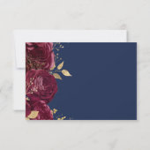 Burgundy Gold Floral Script Navy Blue Wedding RSVP Kaartje (Achterkant)