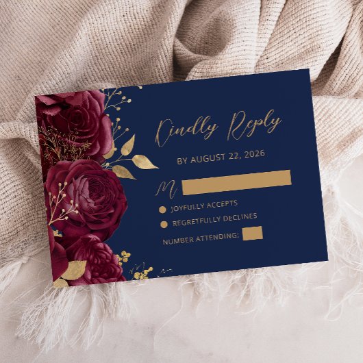 Burgundy Gold Floral Script Navy Blue Wedding RSVP Kaartje