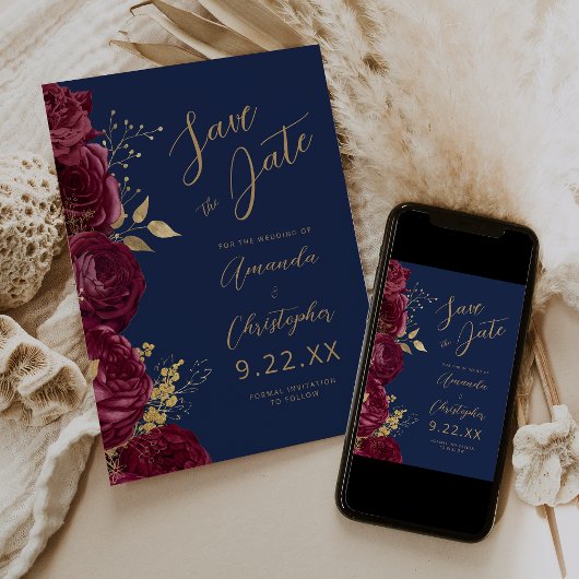 Burgundy Gold Floral Script Navy Save the Date Aankondiging