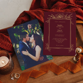 Burgundy Gold Floral Simple Photo Wedding Kaart