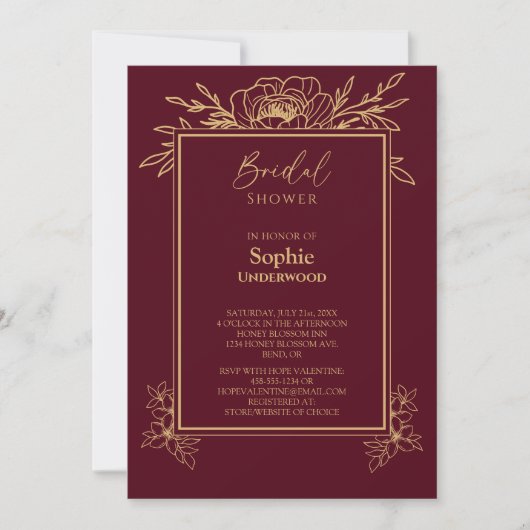 Burgundy Gold Floral Simple Wedding Vrijgezellenfe Kaart (Voorkant)