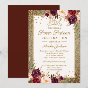 Burgundy Gold floral Sparkle Sweet Sixteen Kaart