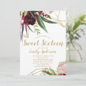 Burgundy Gold Floral Sweet 16 Kaart (Staand voorkant)