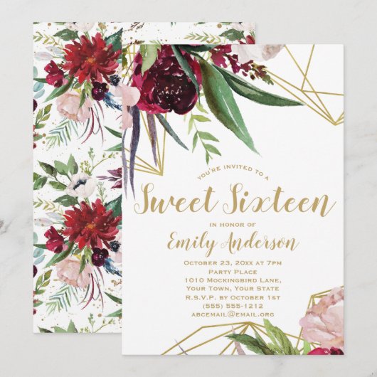 Burgundy Gold Floral Sweet 16 Kaart (Voorkant / Achterkant)