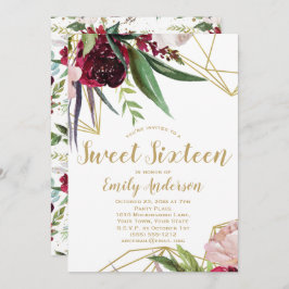 Burgundy Gold Floral Sweet 16 Kaart