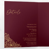 Burgundy Gold Floral Tri-Fold Wedding Invitation Drieluik Uitnodiging (Binnenzijde eerst)
