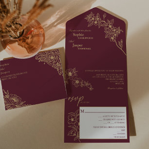 Burgundy Gold Floral trouwt in één uitnodiging