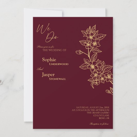 Burgundy Gold Floral We doen een huwelijksuitnodig Kaart (Voorkant)