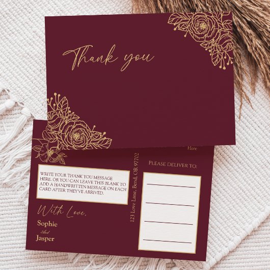 Burgundy Gold Floral Weddenschap Bedankt Briefkaar Briefkaart
