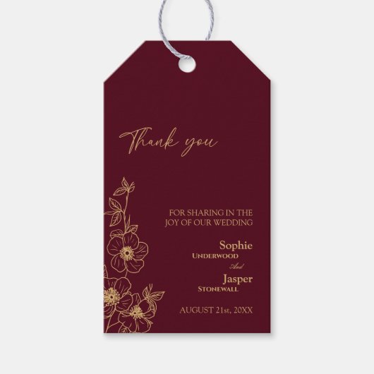 Burgundy Gold Floral Weddenschap Bedankt Gift Labe Cadeaulabel (Voorkant)