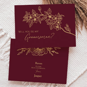 Burgundy Gold Floral Weddenschap Groomsman-voorste Kaart