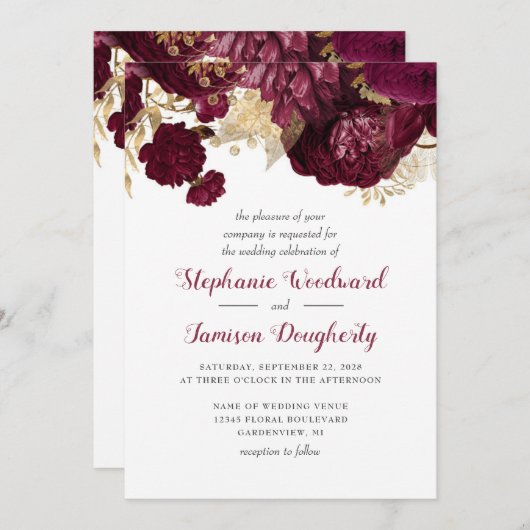 Burgundy Gold Floral Weddenschap Kaart (Voorkant / Achterkant)