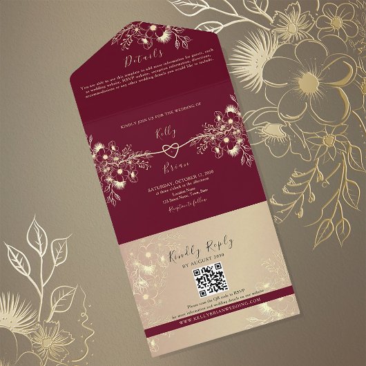 Burgundy Gold Floral Wedding All In One Uitnodiging