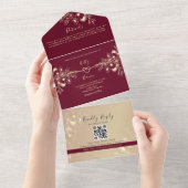 Burgundy Gold Floral Wedding All In One Uitnodiging (Afscheurbaar)