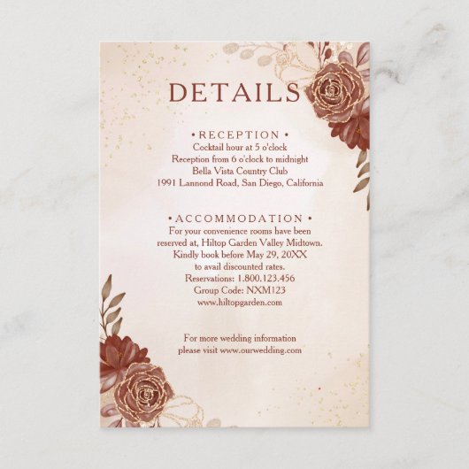 Burgundy & Gold Floral Wedding Enclosure Card Informatiekaartje (Voorkant)