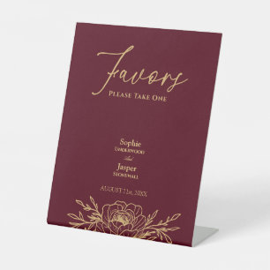 Burgundy Gold Floral Wedding Favors Reclamebord Met Voetstuk