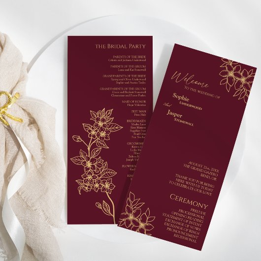 Burgundy Gold Floral Wedding Flat-programma Programmakaart