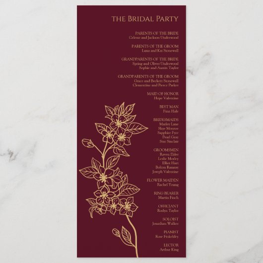 Burgundy Gold Floral Wedding Flat-programma Programmakaart (Achterkant)