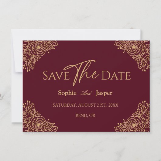 Burgundy Gold Floral Wedding Flat Save the Date (Voorkant)