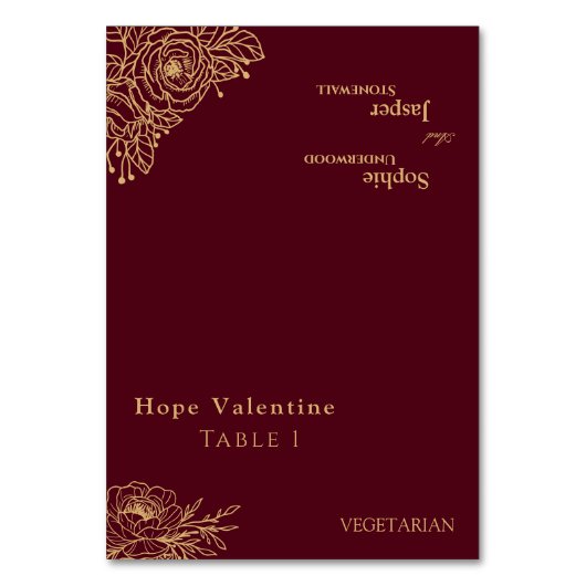 Burgundy Gold Floral Wedding Foldable Place Card Kaart (Voorkant)