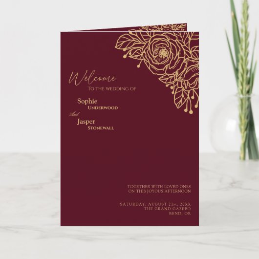 Burgundy Gold Floral Wedding Folded Program Programma (Voorkant)