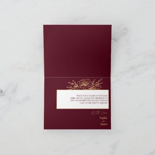 Burgundy Gold Floral Wedding Folding Hartelijk dan Bedankkaart (Binnen)