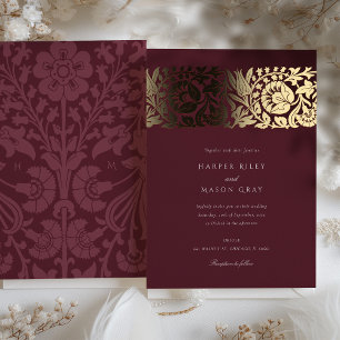Burgundy Gold Floral Wedding Folie Uitnodiging