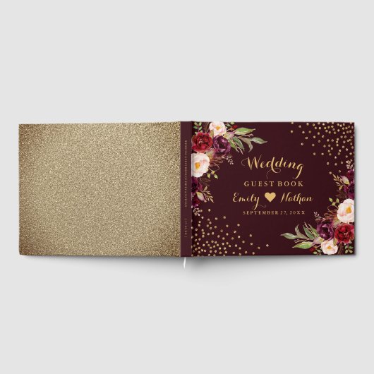 Burgundy Gold Floral Wedding Guest Book Gastenboek (Volledig)