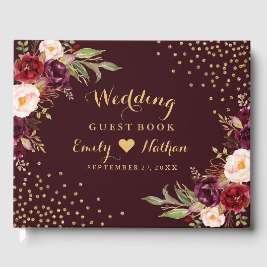 Burgundy Gold Floral Wedding Guest Book Gastenboek (Voorkant)