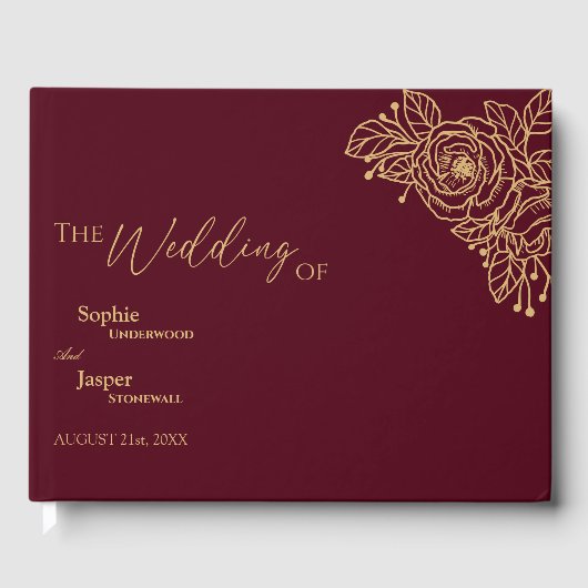 Burgundy Gold Floral Wedding Guest Book Gastenboek (Voorkant)