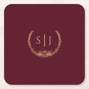 Burgundy Gold Floral Wedding Monogram Kartonnen Onderzetters