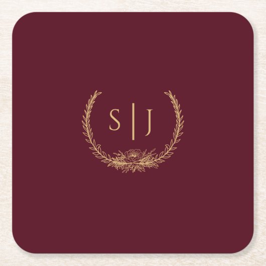 Burgundy Gold Floral Wedding Monogram Kartonnen Onderzetters (Voorkant)