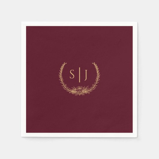 Burgundy Gold Floral Wedding Monogram Napkin Servet (Voorkant)