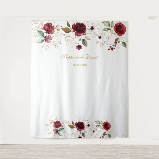 Burgundy Gold Floral Wedding Photo Booth Backdrop Wandkleed (Voorkant)