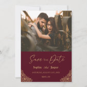Burgundy Gold Floral Wedding Photo Save the Date (Voorkant)