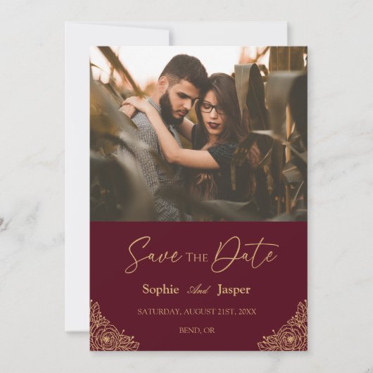 Burgundy Gold Floral Wedding Photo Save the Date (Voorkant)