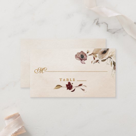 Burgundy Gold Floral Wedding Place Card Plaatskaartje (Voorkant / Achterkant in situ)