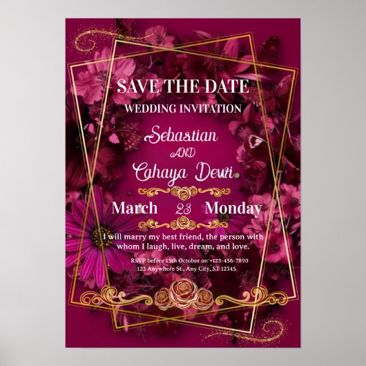 Burgundy Gold Floral Wedding Poster (Voorkant)