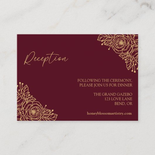 Burgundy Gold Floral Wedding Reception Informatiekaartje (Voorkant)