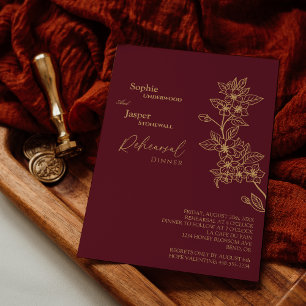 Burgundy Gold Floral Wedding Rehearsal Dinner Kaart