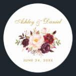 Burgundy Gold Floral Wedding Ronde Sticker<br><div class="desc">Bourgogne Gouden Bloemen Waterverf Trouwstickers</div>