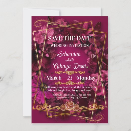 Burgundy Gold Floral Wedding Save the Date Kaart (Voorkant)