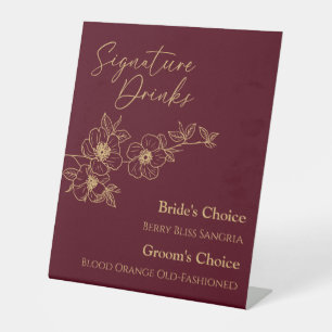Burgundy Gold Floral Wedding Signature Drink Sign Reclamebord Met Voetstuk