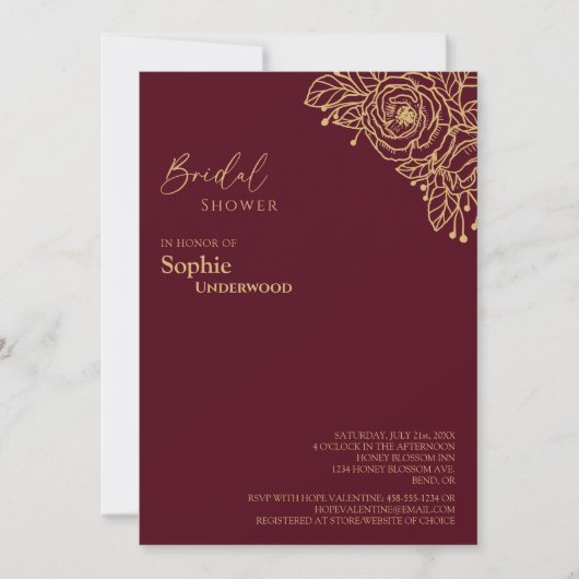 Burgundy Gold Floral Wedding Vrijgezellenfeest Kaart (Voorkant)